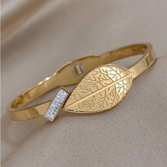Elegant Gold Leaf Bracelet Vintage Stainless Steel Cuff Bracelet Bangle - Picture 4 of 6